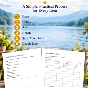 May include: A two-page document titled Six Decisions for Every Item and Item Decision Sheet. The text outlines a process with six categories: Keep, Family, Sell, Donate, Recycle or Discard, and Decide Later, featuring a table for tracking.