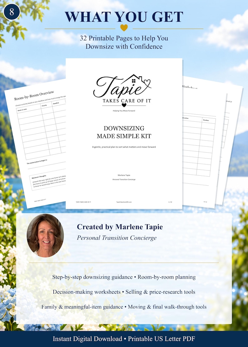 May include: A 32-page printable digital kit titled Tapie Takes Care Of It Downsizing Made Simple Kit. The document includes a room-by-room overview, decision-making worksheets, and planning tools for downsizing, created by Marlene Tapie.