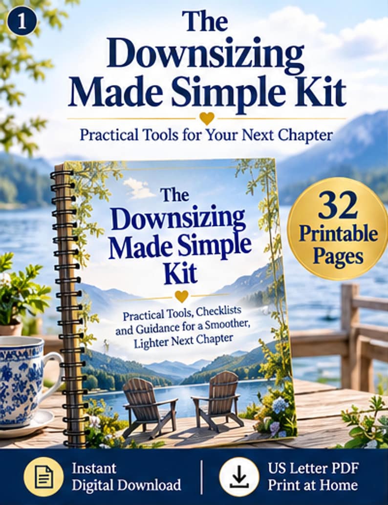 May include: A spiral-bound book titled The Downsizing Made Simple Kit with a cover featuring a lake, mountains, and two wooden chairs. The text includes Practical Tools for Your Next Chapter, 32 Printable Pages, and Instant Digital Download.