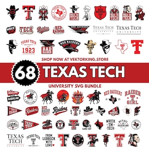May include: A digital collection of 68 Texas Tech University graphic designs featuring the Double T logo, masked riders, cowboy silhouettes, and text elements like Wreck Em Tech, Red Raiders, and Lubbock, presented in red, black, and white.