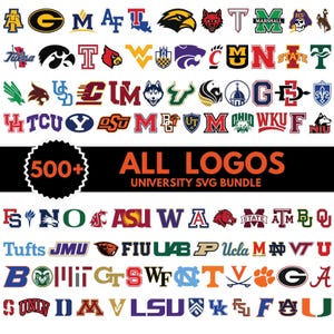 May include: A digital collection of over 500 university sports logos arranged in rows, featuring various team mascots, letters, and emblems in diverse colors. A central black banner displays the text 500+ ALL LOGOS UNIVERSITY SVG BUNDLE.