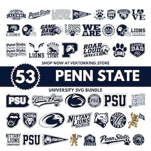 May include: A collection of 53 Penn State University themed digital graphic designs in navy blue and white. The images include various Nittany Lions logos, text-based designs like WE ARE, PSU, and LIONS DAD, paw prints, mascots, and pennants.