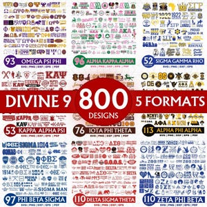 Könnte beinhalten: Eine digitale Sammlung von 800 Divine 9 Grafikdesigns für Studentenverbindungen, unterteilt in neun verschiedene Abschnitte. Jeder Abschnitt enthält spezifische Logos, Symbole und Texte griechischer Organisationen in verschiedenen Farben, verfügbar in den Formaten SVG, PNG, DXF, EPS und PDF.