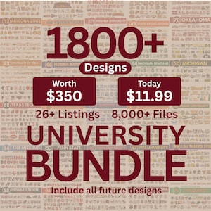 May include: A digital graphic advertisement for a university bundle featuring the text 1800+ Designs, Worth $350, Today $11.99, 26+ Listings, 8,000+ Files, UNIVERSITY BUNDLE, and Include all future designs, set against a background of many small logos.