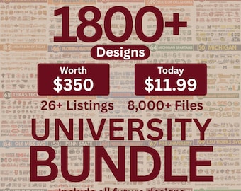 Puede incluir: Un anuncio gráfico digital para un paquete universitario con el texto 1800+ Designs, Worth $350, Today $11.99, 26+ Listings, 8,000+ Files, UNIVERSITY BUNDLE e Include all future designs, sobre un fondo de muchos logotipos pequeños.