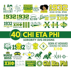 Könnte beinhalten: Eine Sammlung von 40 Chi Eta Phi Sorority SVG-Designs mit grünen und gelben Grafiken, Texten und Symbolen. Die Elemente umfassen den Text 1932, Krankenschwesterhauben, Schildkröten, Lampen, Blumen und verschiedene typografische Stile der Organisation.
