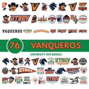 May include: A digital collection of 76 UTRGV Vaqueros university graphic designs featuring cowboy mascots, team logos, typography, and illustrations in orange, blue, and green. The bundle includes various emblems, pennants, and text-based art.