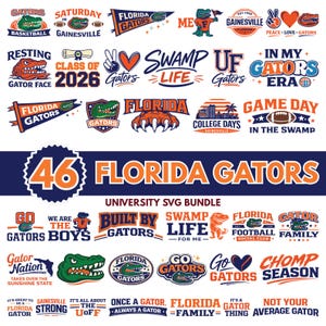 Puede incluir: Una colección digital de 46 diseños gráficos con la temática de los Florida Gators, que incluye varias ilustraciones de cabezas de caimán, banderines deportivos, balones de fútbol americano y tipografías con frases como Swamp Life, Gator Nation y Chomp Season en naranja, azul y blanco.