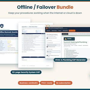 Offline Failover Bundle, Business Continuity Kit, Security System SOP Template, HVAC Plumbing Procedure Generator, Disaster Recovery Plan
