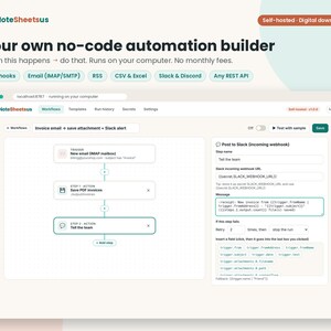 NoteSheetsus Automation Builder, Self-Hosted No-Code Workflow App, Webhook Email RSS CSV Excel Slack Discord, Small Business Software