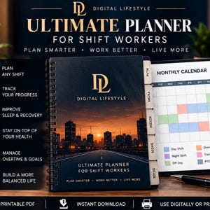 Peut inclure: Un agenda à spirales pour travailleurs postés avec une couverture sombre représentant un paysage urbain au coucher du soleil. Il comprend des onglets, une page de calendrier mensuel avec des blocs de quarts colorés et le texte "Ultimate Planner for Shift Workers".
