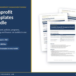 May include: A digital nonprofit management bundle featuring six toolkits and 288 files in Word, Excel, and PDF formats. The document set includes templates for grants, board policies, programs, fundraising, and finance, with completed examples.