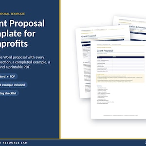 Puede incluir: Una plantilla de propuesta de subvención para organizaciones sin fines de lucro con una barra lateral azul oscuro y tres páginas de documentos apiladas. El texto dice Grant Proposal Template for Nonprofits, Editable Word, PDF, Completed example included y Grant writing checklist.