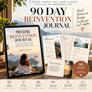 Könnte beinhalten: Ein 90-Tage-Reinvention-Journal mit einem Tablet, das das Cover mit einer Person vor einer Küstenlandschaft zeigt. Enthält gedruckte Seiten für tägliche Reflexion, Ziele und wöchentliche Check-ins sowie ein Abzeichen für 90 Seiten Sofort-Download.