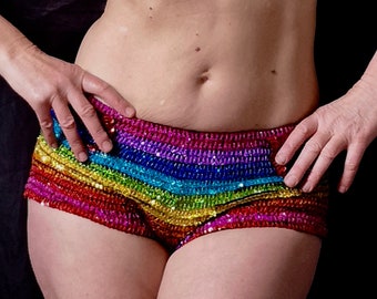 Rainbow holographic sequin and bead hipster hot pants/ shorts - fairylove