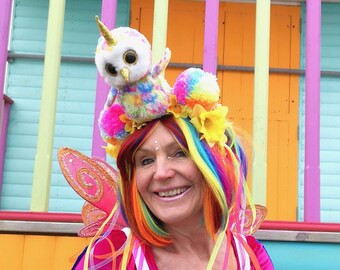 Rainbow pom pom owl fweind - festival headwear - Fairylove