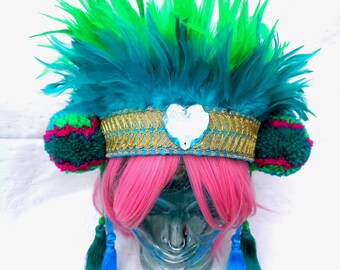 Deluxe feather and pom pom carnival headdress with tassels and gems  - Fairylove