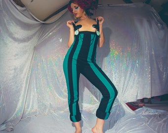 Long black and turquoise striped under bust dungarees / bodysuit - fairylove