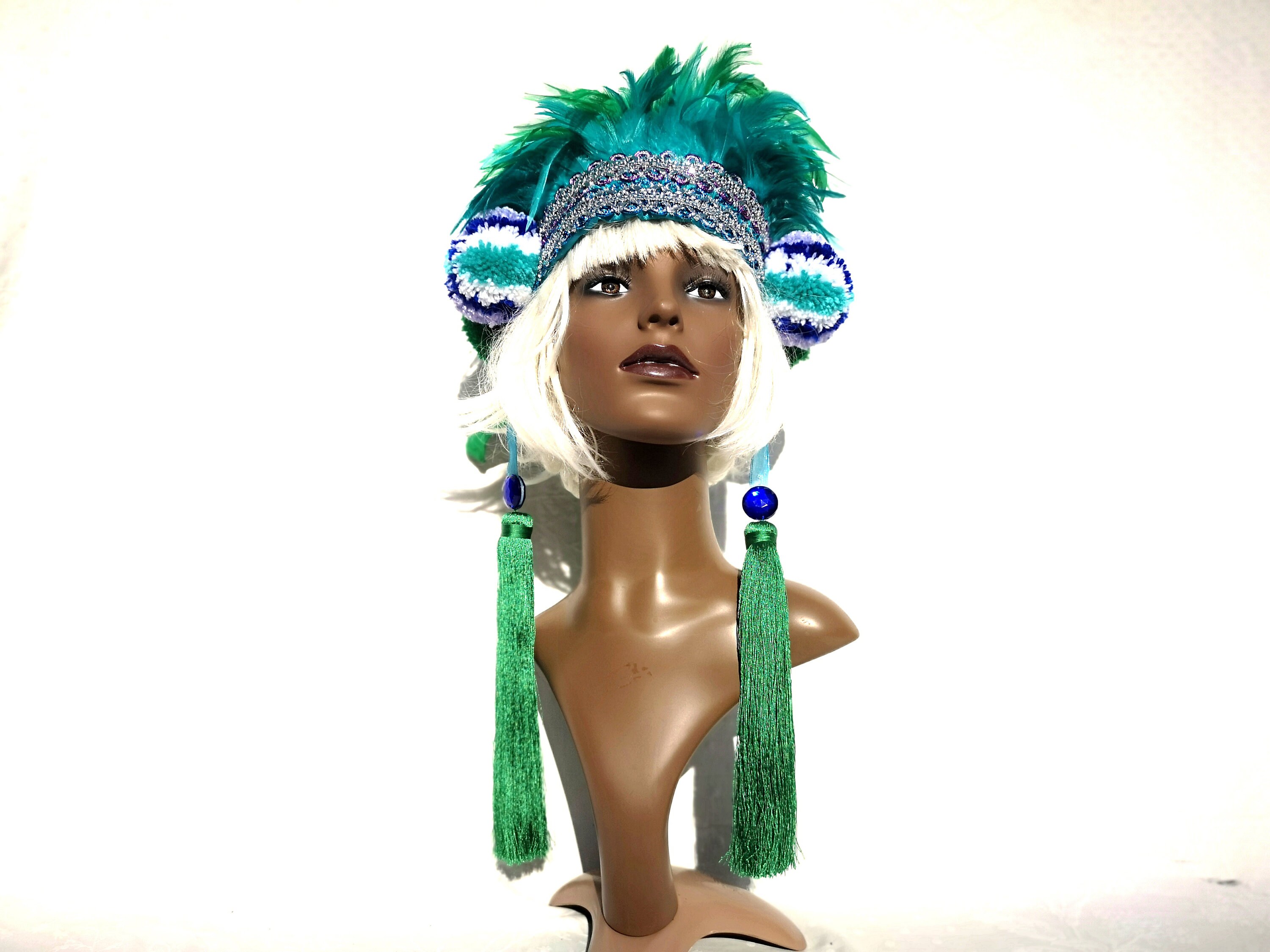 Deluxe feather and pom pom carnival headdress with tassels and gems  - Fairylove