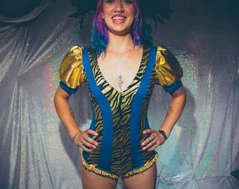 Gold zebra and blue sequin puff sleeved leotard / playsuit - fairylove