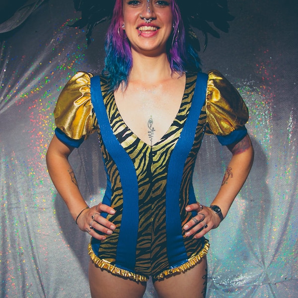 Gold zebra and blue sequin puff sleeved leotard / playsuit - fairylove