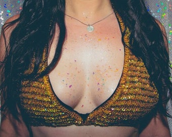 Gold holographic sequin and beaded bikini top - sequin top - fairylove