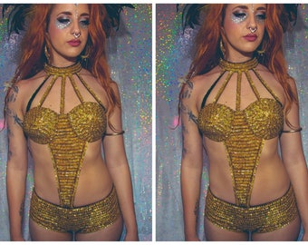 Gold holographic sequin bodysuit one-piece bikini - fairylove