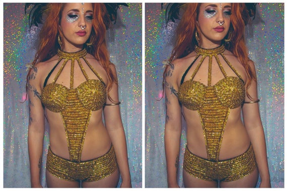 Gold holographic sequin bodysuit one-piece bikini - fairylove
