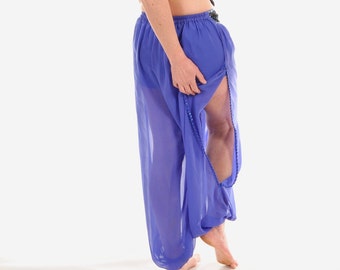 May include: A pair of purple sheer pants with a beaded trim. The pants are gathered at the waist and have a slit on the side.
