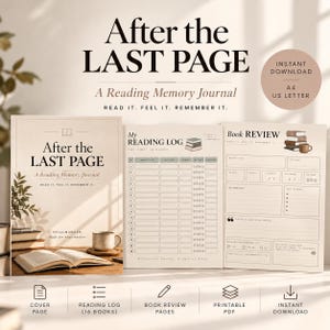 Può includere: Un diario di lettura intitolato After the Last Page, che include una copertina, un registro di lettura per 16 libri e una pagina per le recensioni. Il design presenta toni beige, illustrazioni di libri e campi di testo per titoli e autori.
