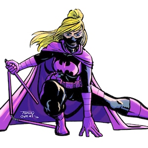 May include: A comic book style illustration of a character in a purple and black costume with a cape, mask, and blonde hair tied in a bun. The character is in a crouched fighting stance, holding nunchucks. The text Tommy Owens '16 is visible.