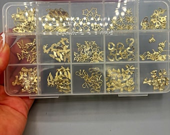 Gold Tone Metal Charm Assortment Lot in Organizer Storage Box with Tweezers
