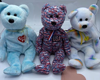 Vintage 1999 Ty Beanie Babies Bear Plush Lot: Tie-Dye, USA Patch, Thank You