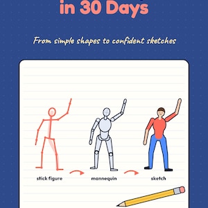 May include: A blue educational book cover titled Draw People in 30 Days, A Step-by-Step Sketch Course. It features a progression from a red stick figure to a grey mannequin and a colored sketch, with a yellow pencil and the author name Cesar Pedrin.