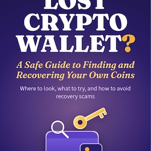 Pode incluir: Uma capa de livro com fundo roxo escuro apresentando o título LOST CRYPTO WALLET? A Safe Guide to Finding and Recovering Your Own Coins. Inclui um gráfico de uma chave amarela e uma carteira roxa, com o nome do autor Cesar Pedrin.
