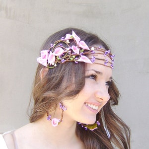 Whimsical Flower Crown, Bridal flower Headpiece, Wedding Hair piece, Floral Headband, Bridesmaids, Flower Girl Crown, Pink Calla Lilly Fairy
