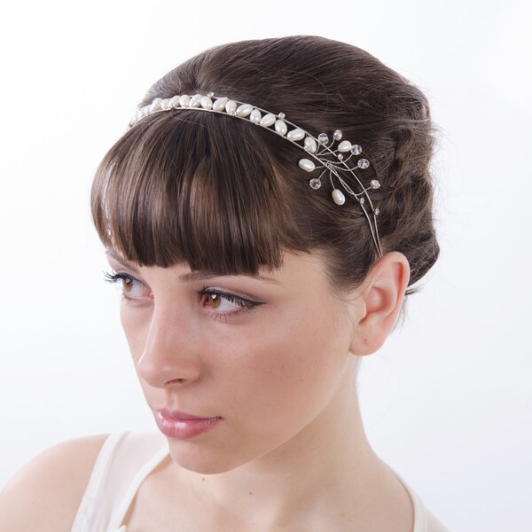 Silver  Crystal Tiara, Freshwater pearls crown, Bridal Headpiece, Bridal Headband, Bridal Crown, Bridal Hair Accessory, Bride Halo, art deco