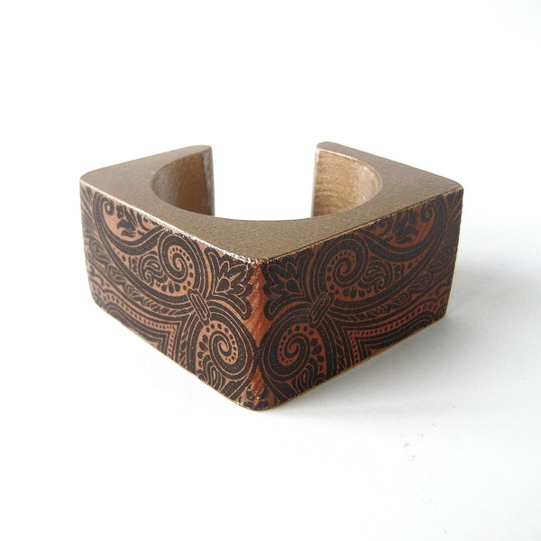 Extravagant Bracelet Bangle/ Wooden cuff unfinished square with break / Black Brown Gold Ornament / Modern fashion
