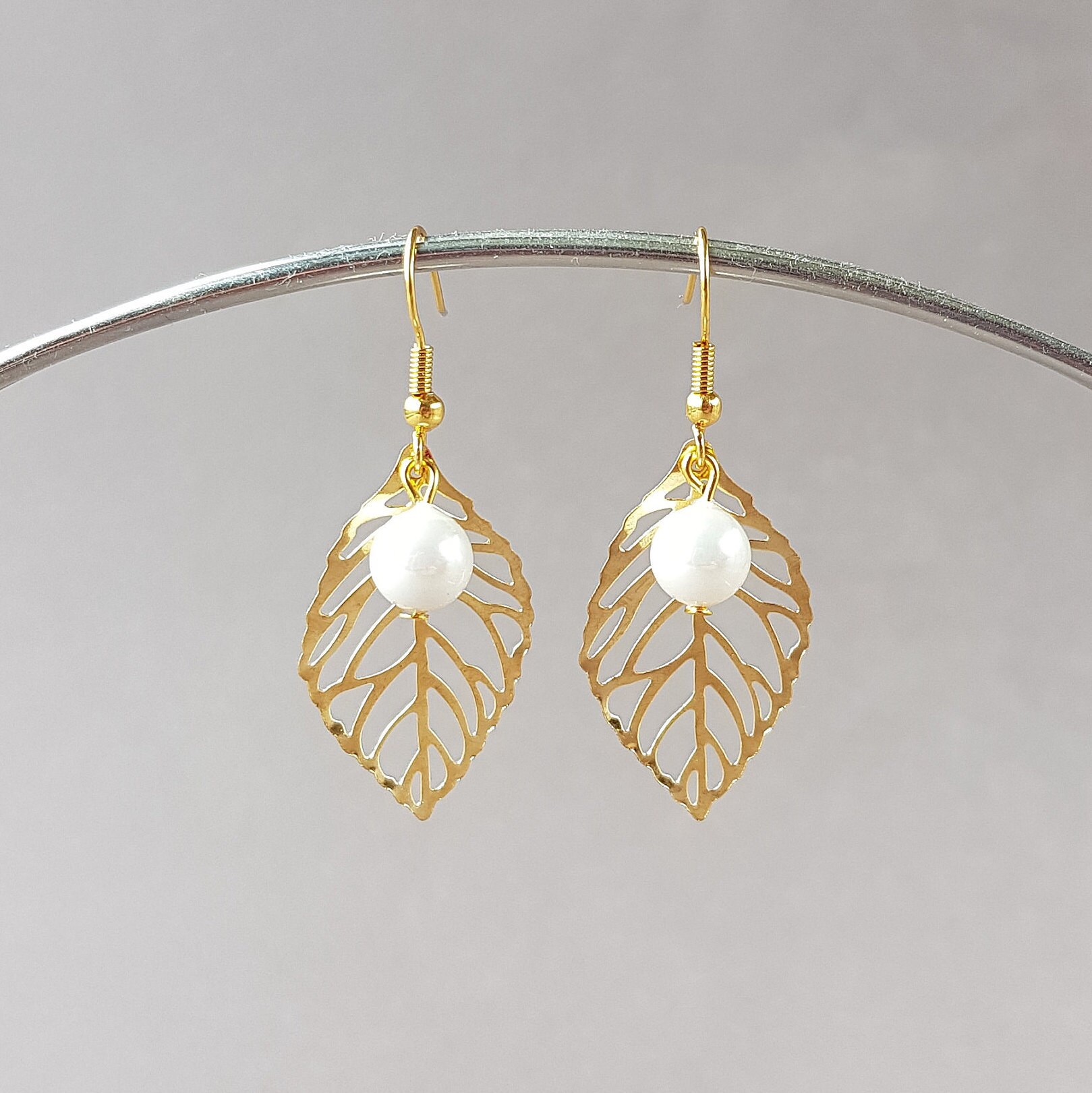 Dainty Gold Leaf Earrings Lightweight Leaf Pearl Earrings | Etsy