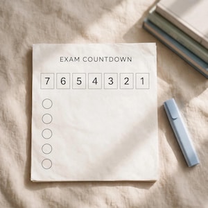 Könnte beinhalten: Ein weißes Blatt Papier mit der Überschrift EXAM COUNTDOWN in schwarzer Schrift, das eine horizontale Reihe von sieben rechteckigen Kästchen mit den Zahlen 7 bis 1 sowie eine vertikale Spalte mit fünf leeren, runden Kontrollkästchen zeigt.