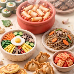 Könnte beinhalten: Ein Kochbuch mit dem Titel K-Drama Foods: Cook the Scenes You Fell in Love With, das 25 ikonische Rezepte, anfängerfreundliche Anleitungen und US-Maße enthält. Das Cover zeigt verschiedene koreanische Gerichte im Miniatur-Ton-Stil, darunter Tteokbokki, Kimbap, Bibimbap, Japchae, Teigtaschen, Kimchi, Pfannkuchen mit Sirup und gegrillten Schweinebauch.