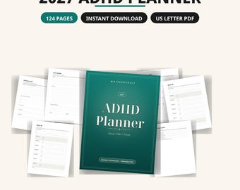Utskrivbar ADHD-planerare 2027, daglig veckoplanerare med tidsblockering, hjärndump, vanespårare, dopaminmeny, ADHD-organisatör för vuxna
