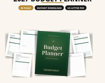 Utskrivbar budgetplanerare för 2027, månatlig finansplanerare med utgiftsspårare, förfallolista för räkningar, sparmål, skuldbetalning, nettoförmögenhet
