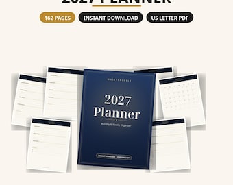 Utskrivbar 2027-planerare, vecko- och månadskalender med datering i PDF-format, mål, vanerapportering, budgetplanerare, nyårsorganisatör för nedladdning