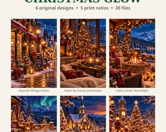 Julväggkonst Set med 6 utskrivbara jultryck, vinterstuga juldekor, snöiga bytryck, jultryck digital nedladdning