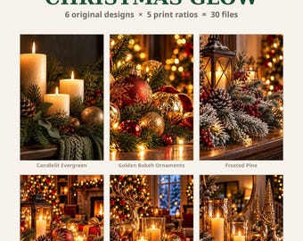 Julväggkonst set med 6, utskrivbara jultryck, guldfärgad juldekoration, vinterväggkonst, jultryck, digital nedladdning