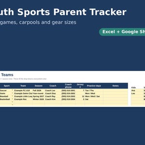 Youth Sports Parent Tracker Spreadsheet | Fees, Game Schedule, Carpool, Gear Sizes, Tournaments | Excel + Google Sheets