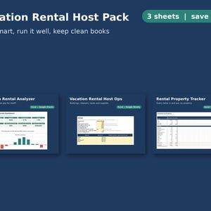 Peut inclure: Un pack numérique pour hôtes de location de vacances comprenant trois modèles de feuilles de calcul pour Excel et Google Sheets. Le pack inclut un Vacation Rental Analyzer, un Vacation Rental Host Ops et un Rental Property Tracker sur fond bleu.