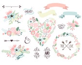 Wedding Floral clipart, Digital Wreath, Floral Frames, Flowers, Arrows Clip art scrapbooking, wedding invitations, Ribbons, Banners, Heart