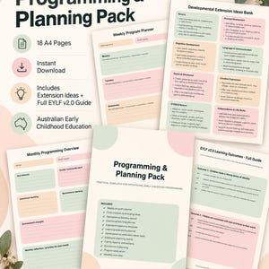 May include: A Programming & Planning Pack for early childhood education featuring 18 A4 pages of printable templates. The documents include a weekly program planner, a developmental extension ideas bank, a monthly overview, and an EYLF v2.0 guide.